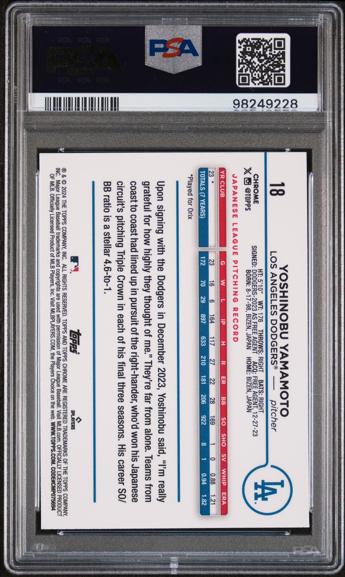 2024 Topps Chrome Rookie #18 Yoshinobu Yamamoto PSA 10