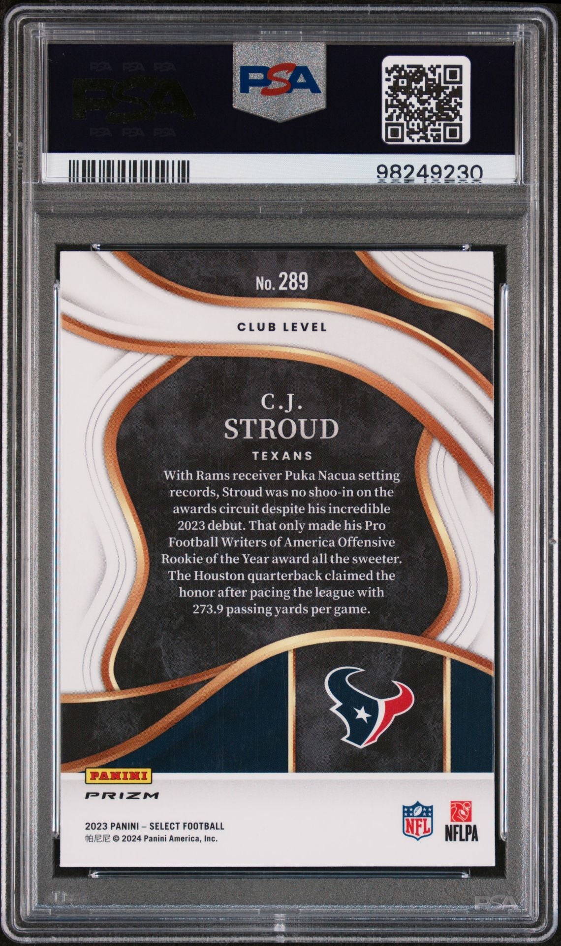 2023 Panini Select Silver Prizm C.J. Stroud #289 RC Club Level PSA 9