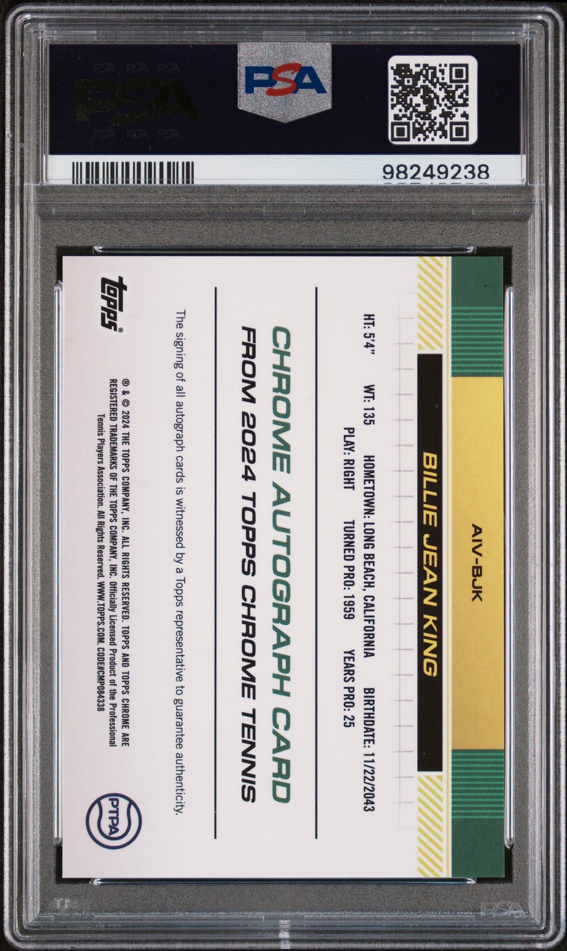 2024 Topps Chrome Gold Refractor Billie Jean King #AIVBJK Auto /50 PSA 10