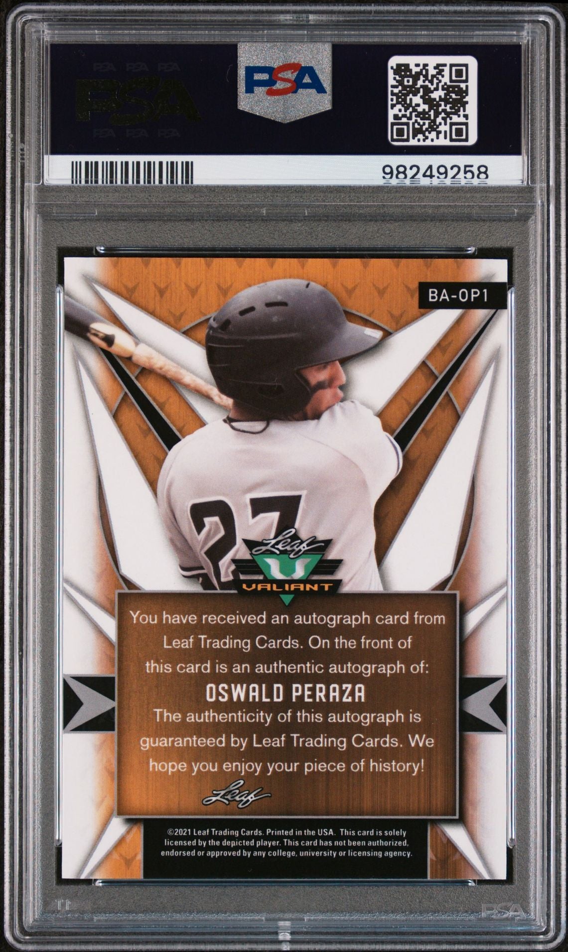 2021 Leaf Valiant Oswald Peraza #BA-OP1 Auto PSA 10