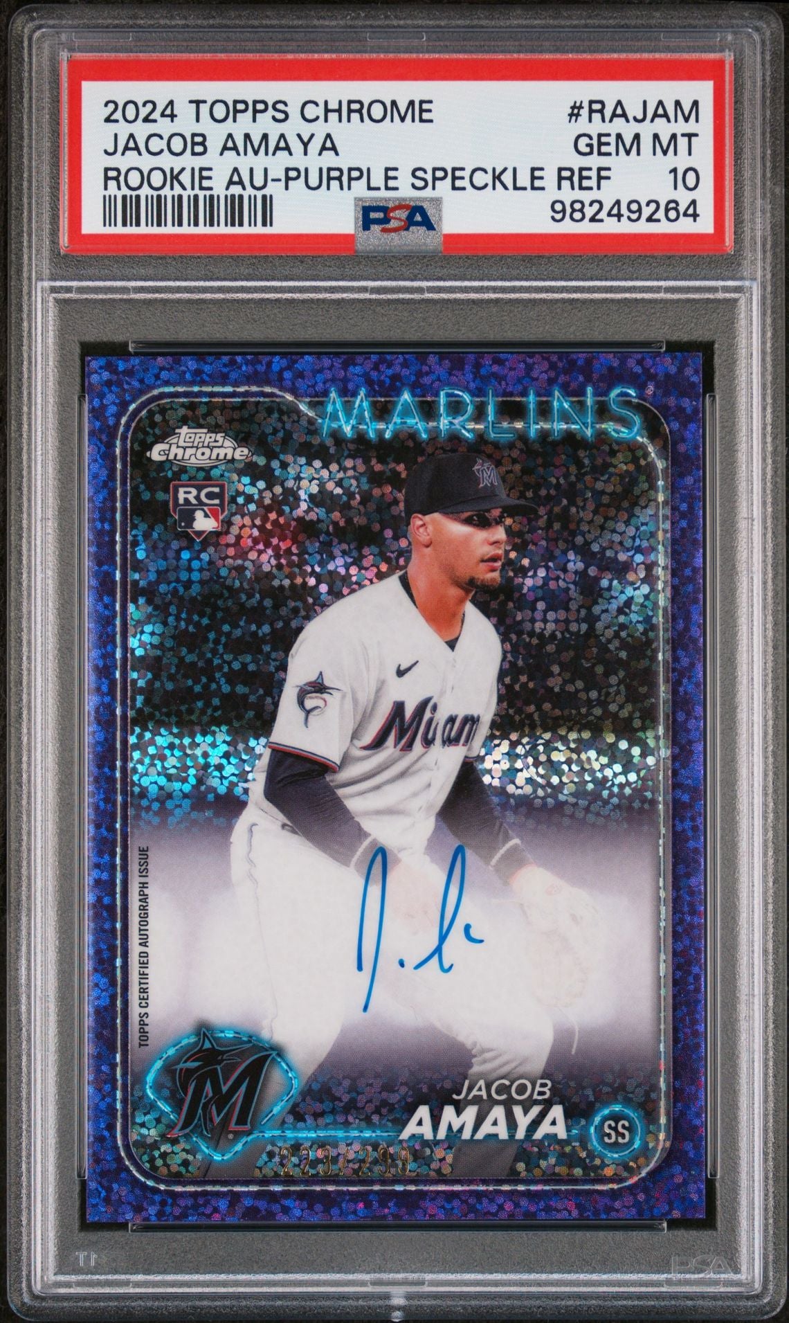 2024 Topps Chrome Rookie Auto Purple Speckle /299 Jacob Amaya PSA 10