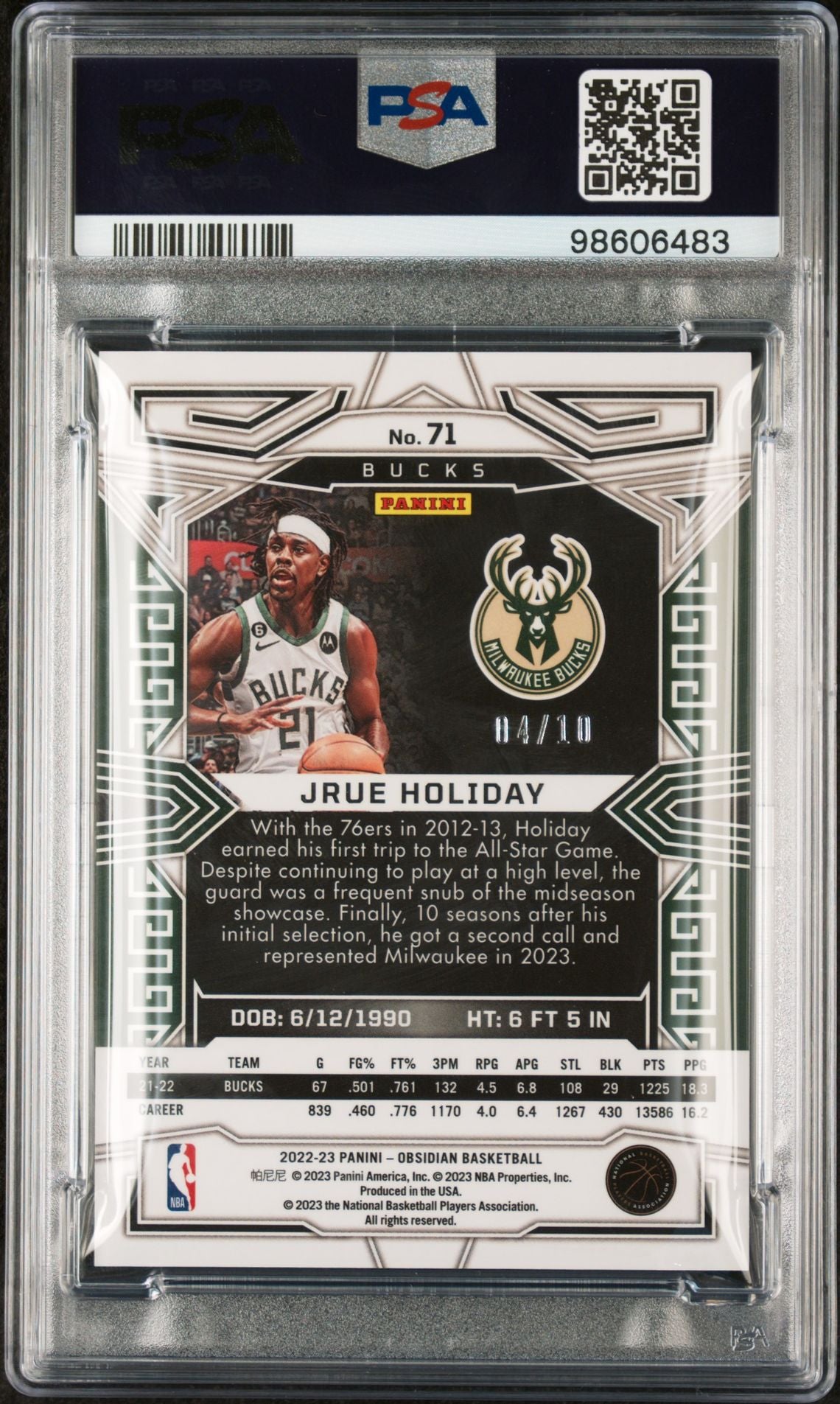 2022 Panini Obsidian Electric Etch Yellow Flood Jrue Holiday #71 /10 PSA 9