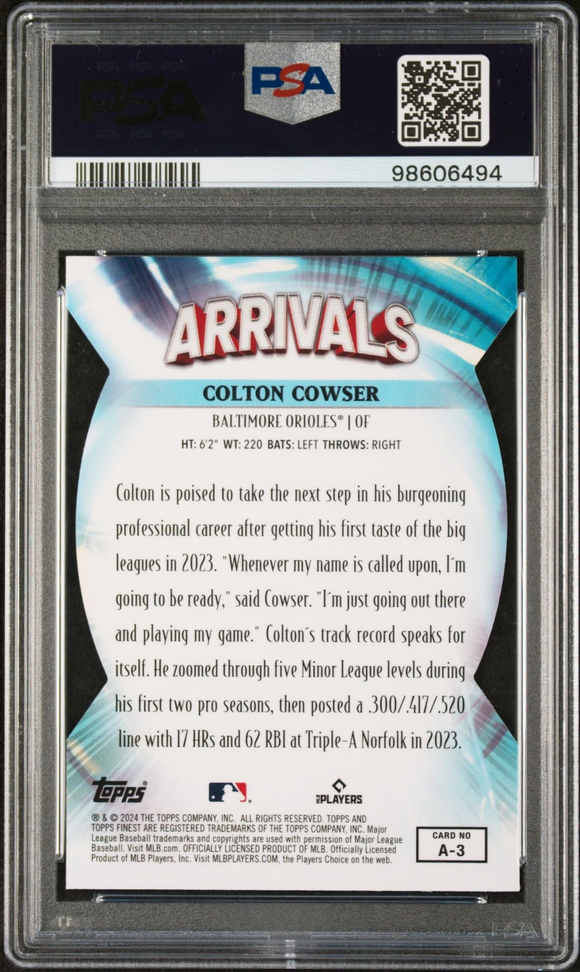 2024 Topps Finest Arrivals Colton Cowser #A3 RC PSA 10