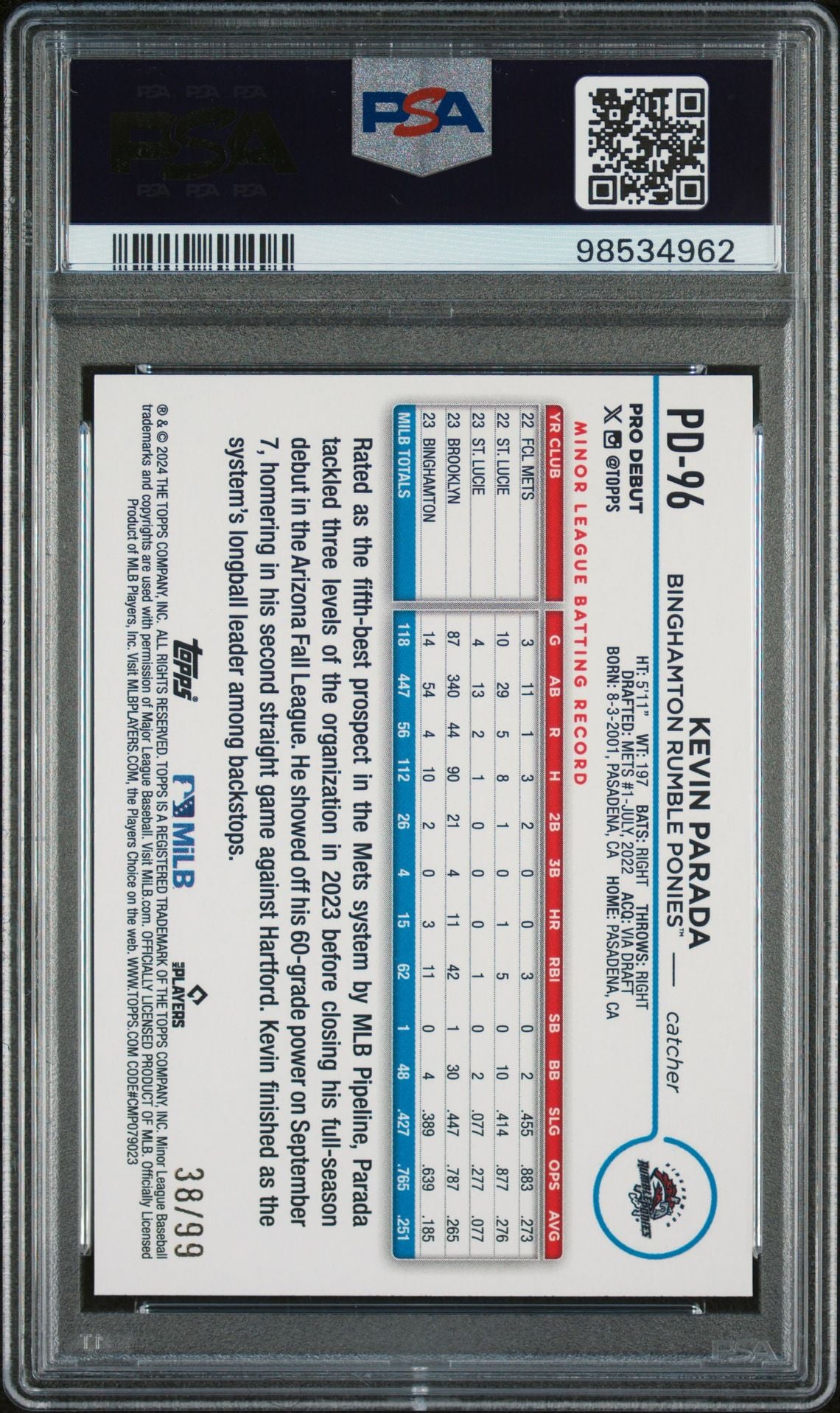 2024 Topps Pro Debut Green Foil Kevin Parada #PD-96 /99 PSA 10