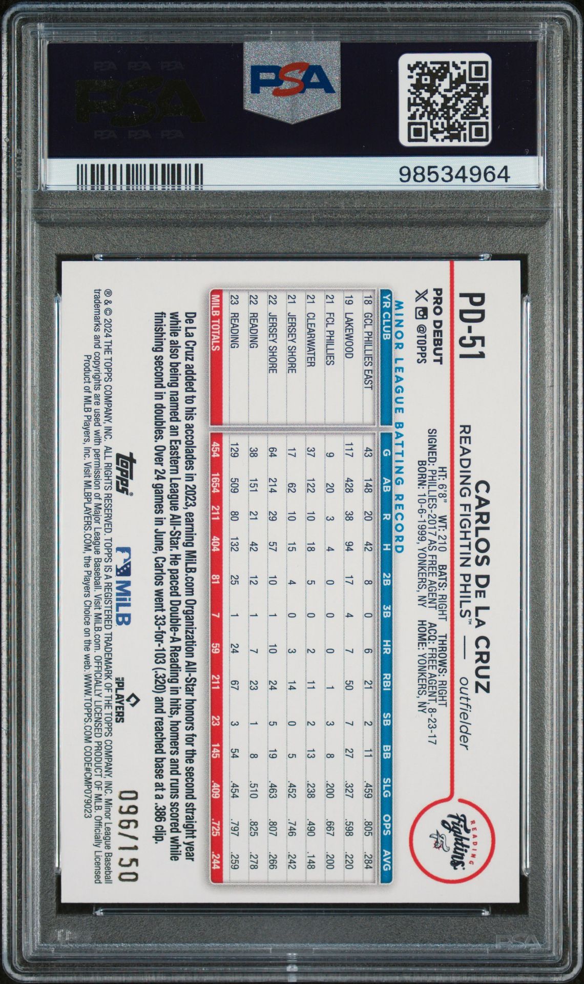 2024 Topps Pro Debut Blue Foil Carlos De La Cruz #PD51 /150 PSA 9