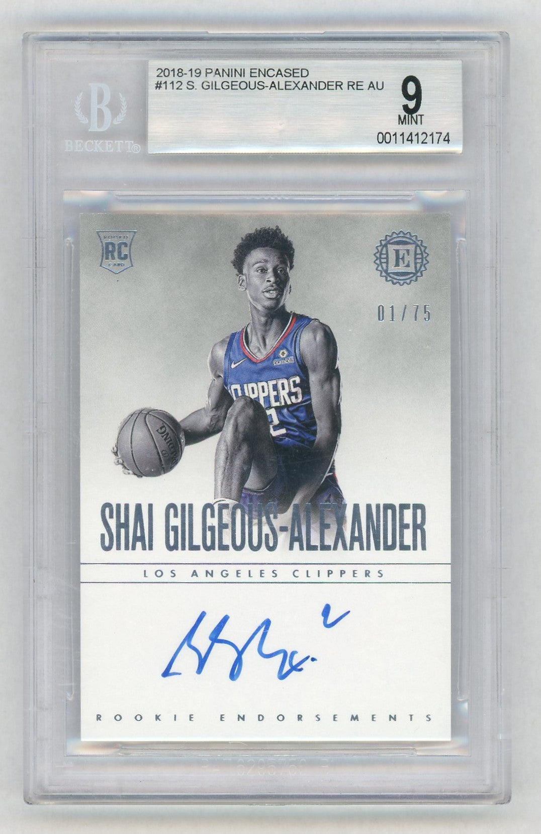 2018-19 Encased #112 Shai Gilgeous-Alexander Rookie RC Endorsements Auto /75 BGS 9
