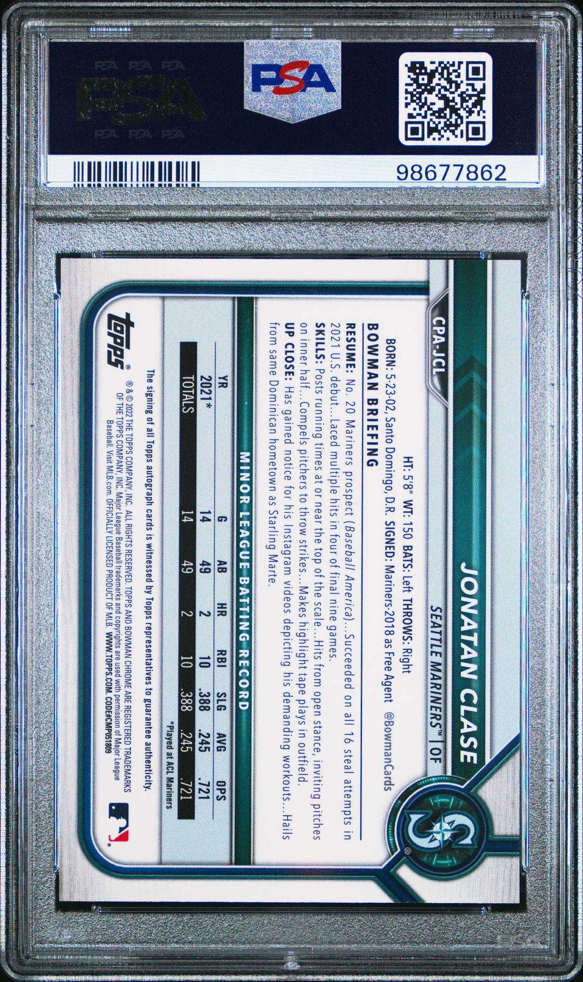 2022 Bowman Chrome Prospect Auto Jonatan Clase #CPA-JCL PSA 10