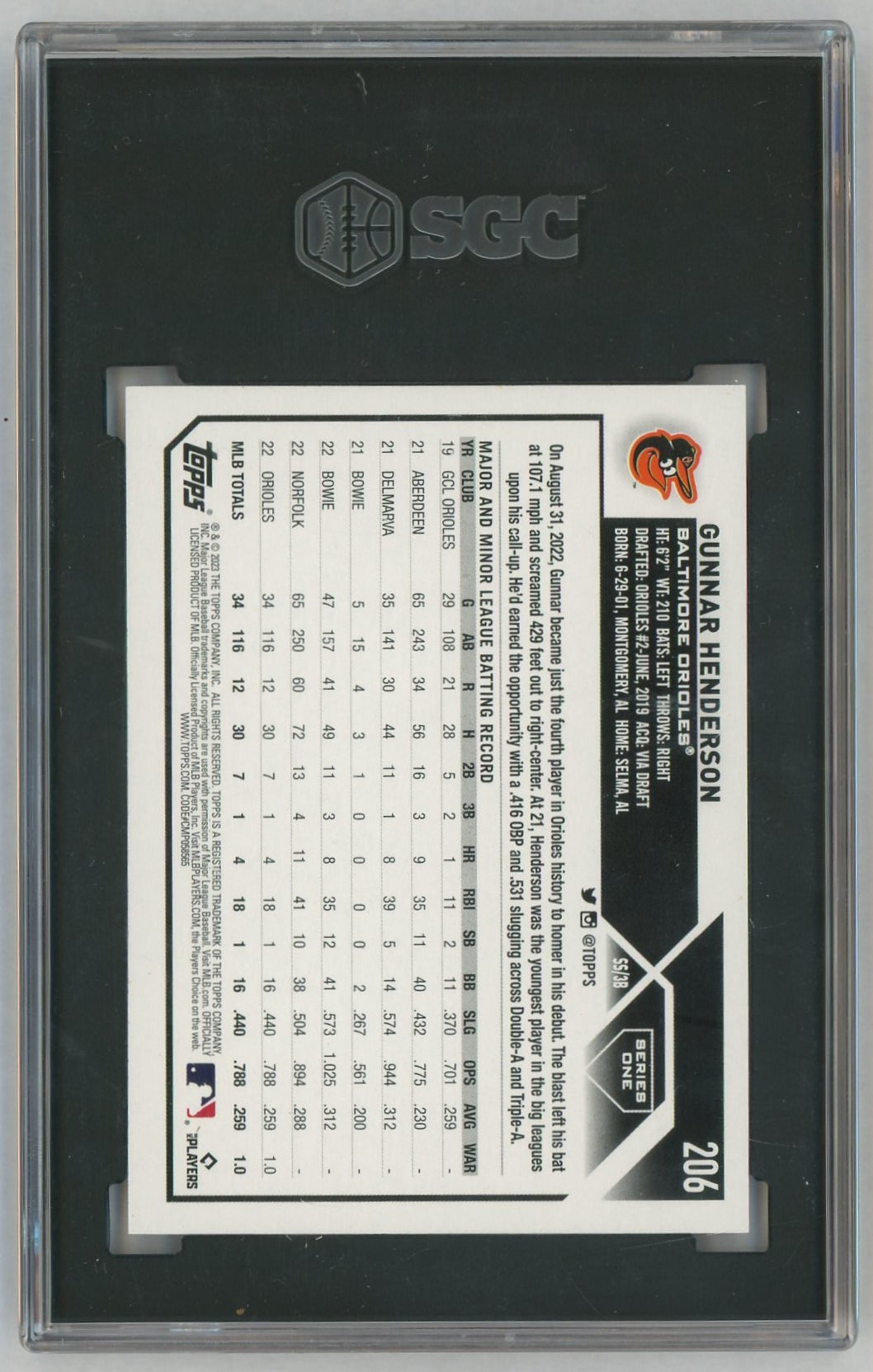 2023 Topps Gunnar Henderson #206 Gold Rainbow Foil Rookie RC SGC 9