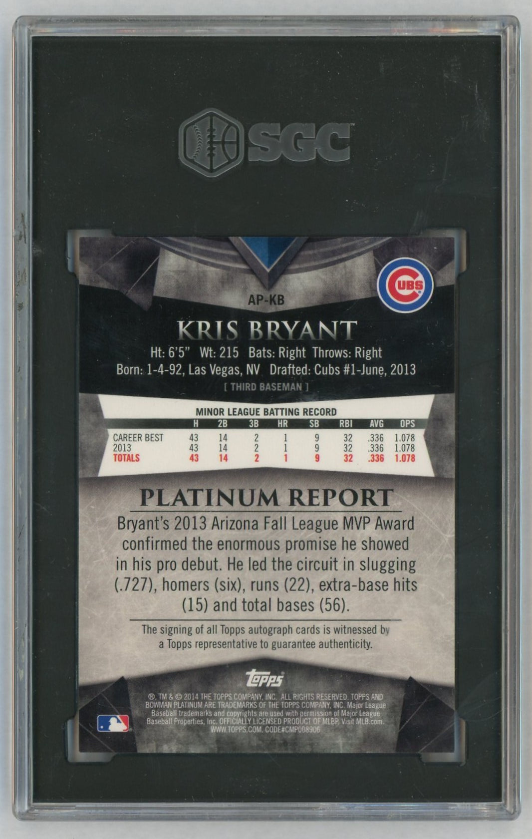 2014 Topps Bowman Platinum Kris Bryant Prospect Auto Rookie RC Black Refractor #AP-KB /10 SGC 9