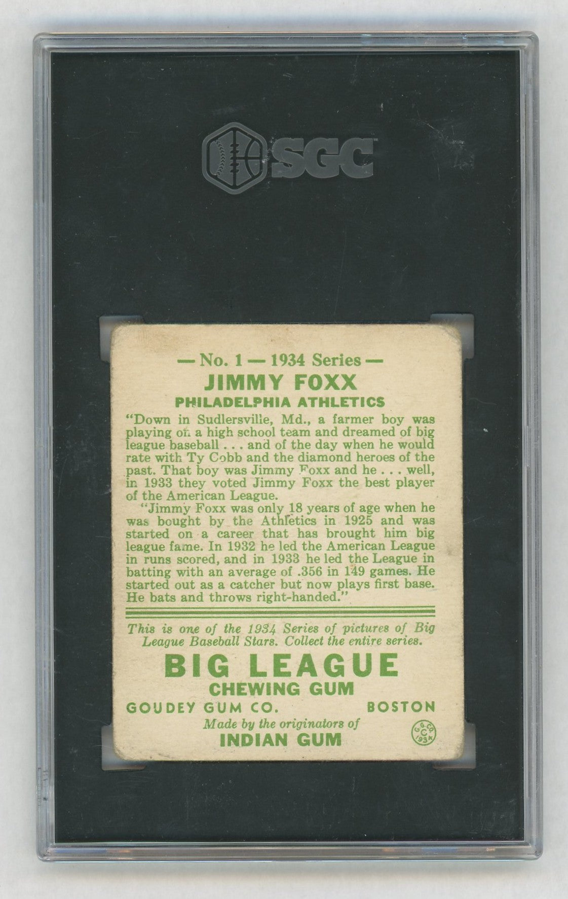 1934 Goudey #1 Jimmy Foxx SGC 2