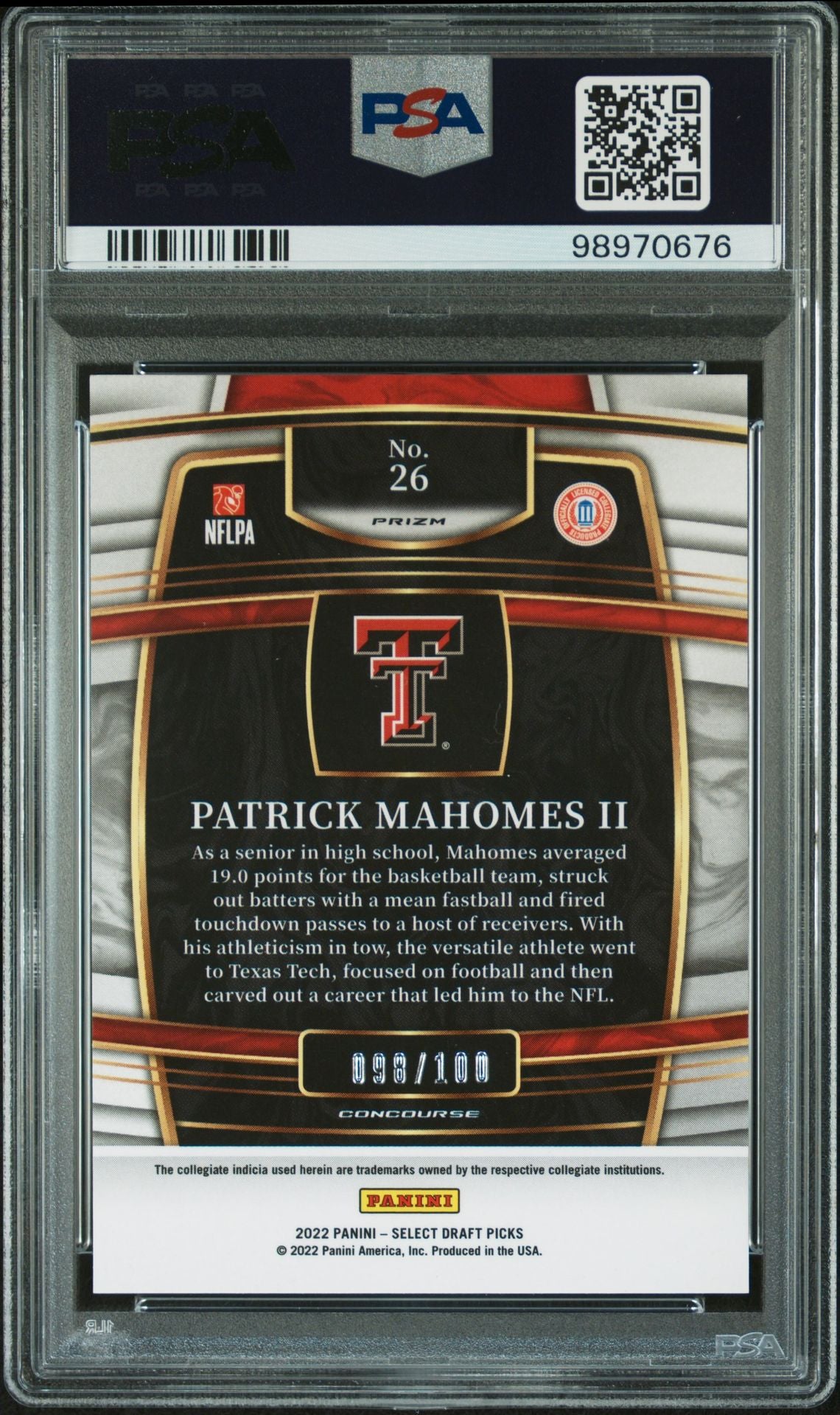 2022 Panini Select DP Green/Purple Squares /100 #26 Patrick Mahomes II PSA 9