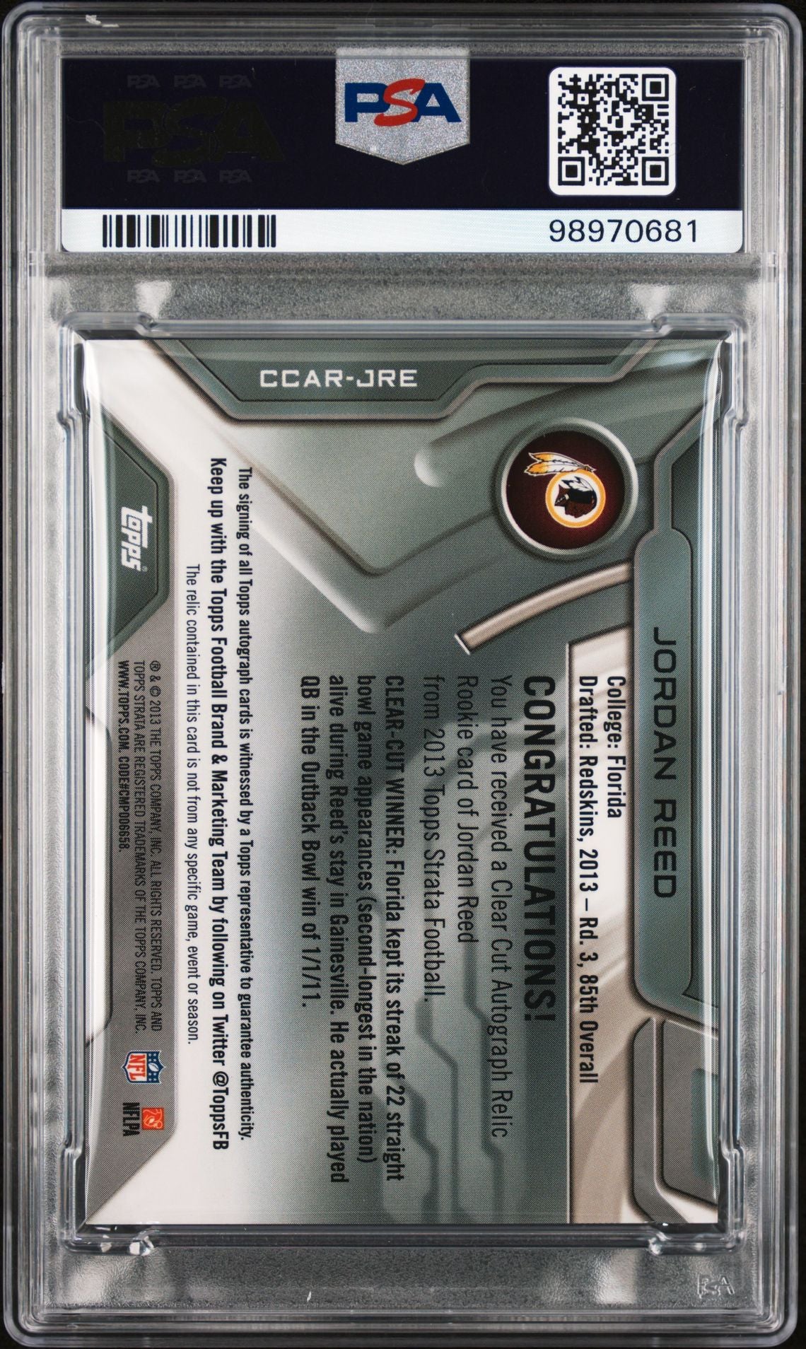 2013 Topps Strata Jordan Reed #JRE RC Clear Cut Auto Relic PSA 9