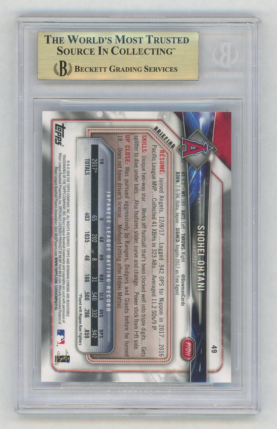 2018 Bowman Shohei Ohtani Rookie RC #49 BGS 9.5