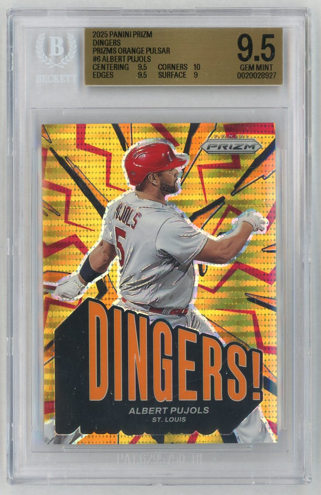 2025 Prizm #6 Albert Pujols Dingers Orange Pulsar /399 BGS 9.5