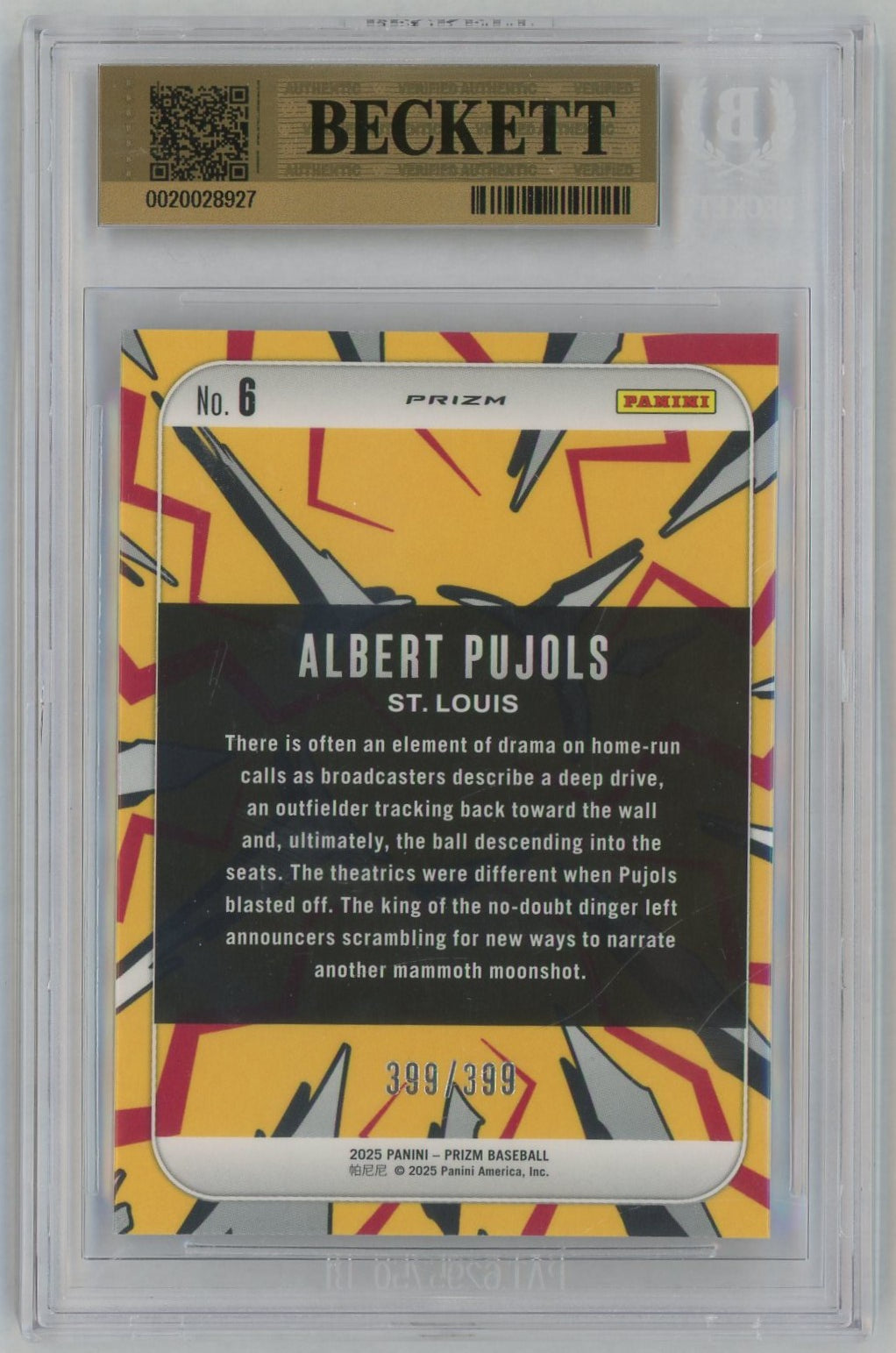 2025 Prizm #6 Albert Pujols Dingers Orange Pulsar /399 BGS 9.5