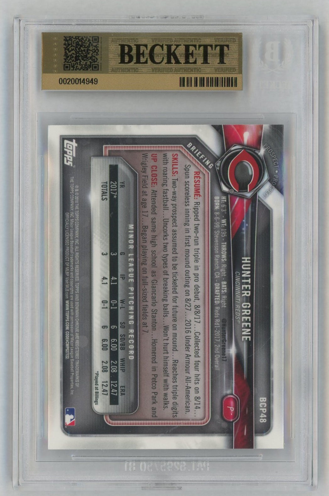 2018 Bowman Chrome Mega Box Prospect Refractor Hunter Greene #BCP48 BGS 9.5