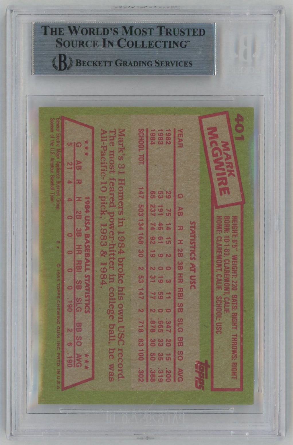 1985 Topps #401 Mark McGwire Rookie RC BGS 7