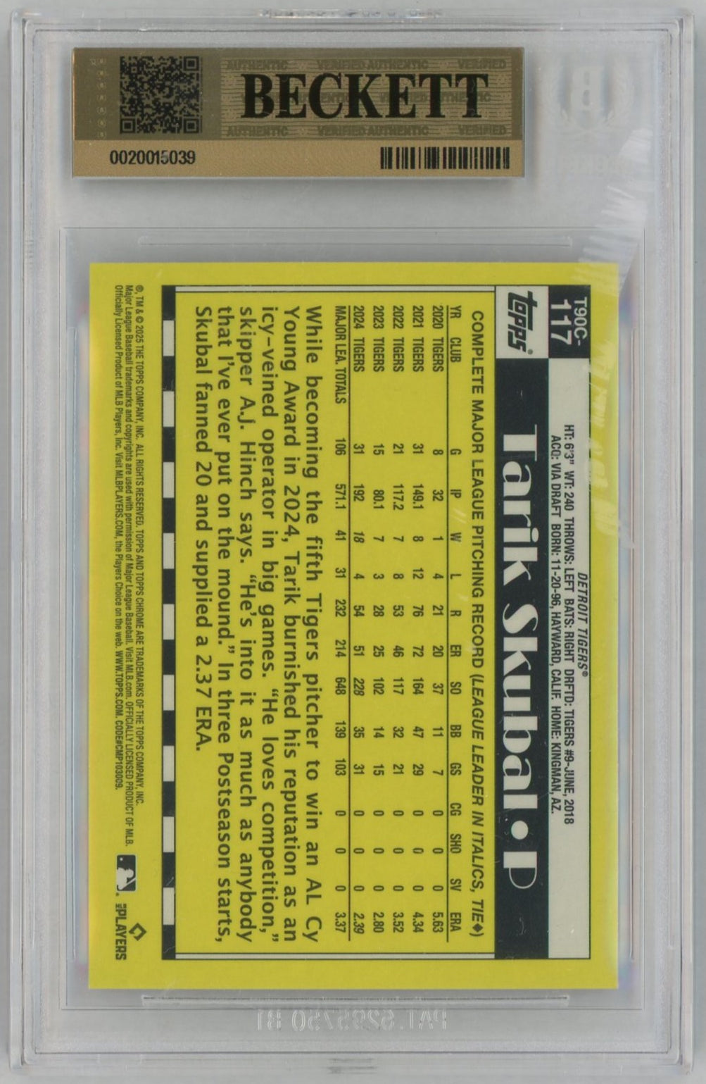 2025 Topps Chrome 1990 Silver Pack Tarik Skubal Mojo BGS Pristine 10