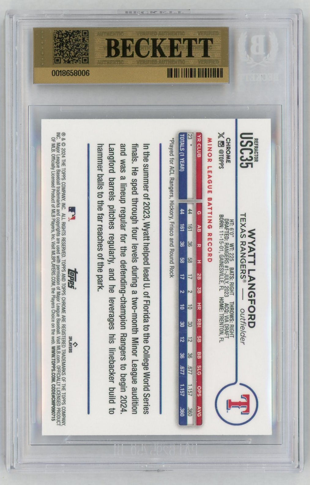 2024 Topps Chrome Update #USC35 Wyatt Langford Prism Refractor Rookie RC BGS 9.5