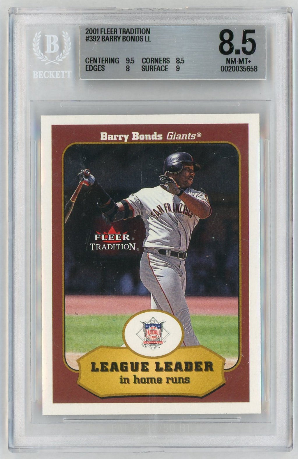 2001 Fleer #392 Barry Bonds League Leader Home Runs BGS 8.5