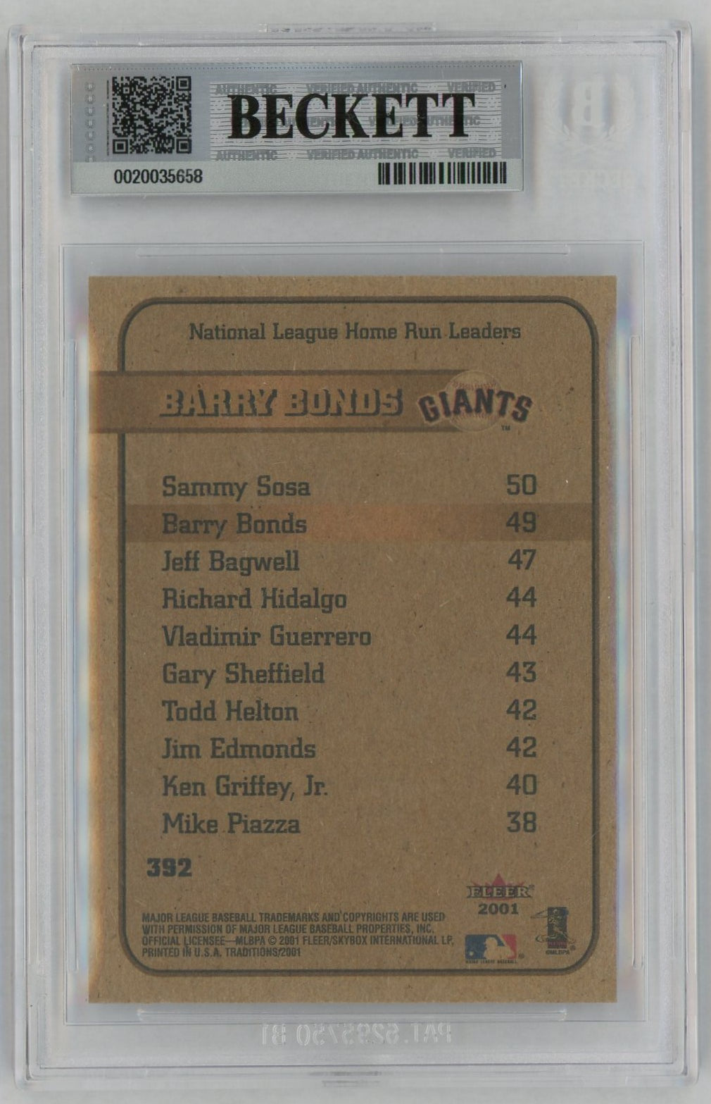 2001 Fleer #392 Barry Bonds League Leader Home Runs BGS 8.5