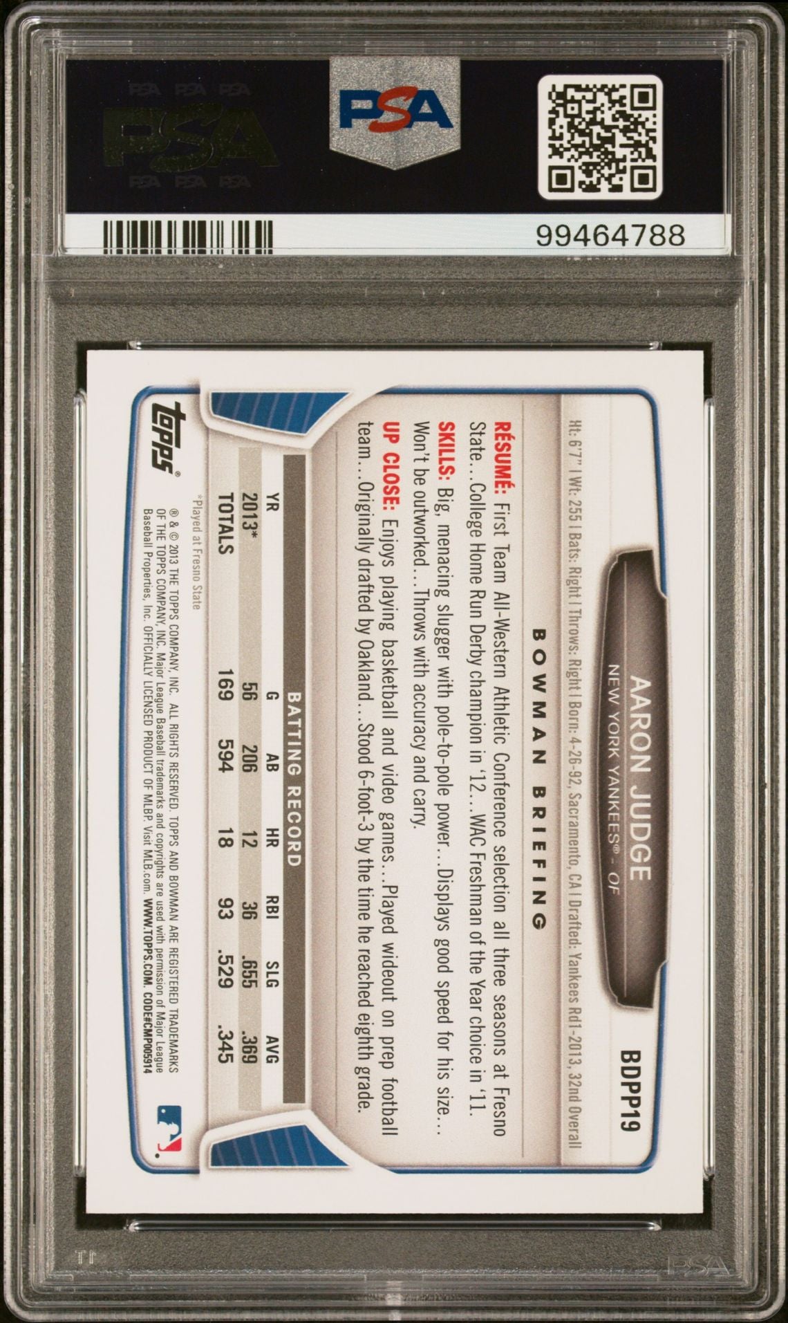 2013 Bowman #BDPP19 Aaron Judge PSA 10 Gem Mint New York Yankees