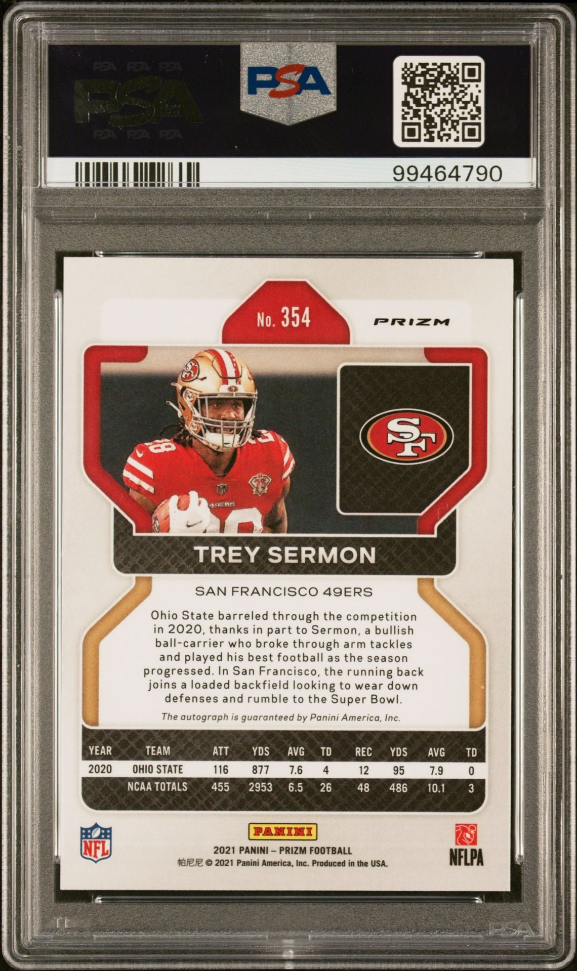 2021 Panini Prizm No Huddle Trey Sermon #354 RC Auto PSA 10