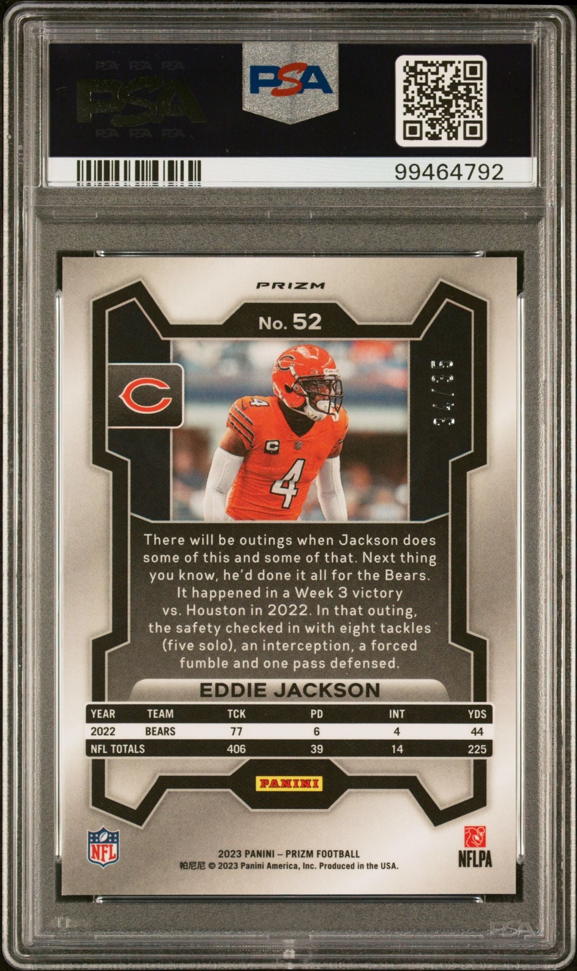 2023 Prizm No Huddle Purple Eddie Jackson #52 /35 PSA 9