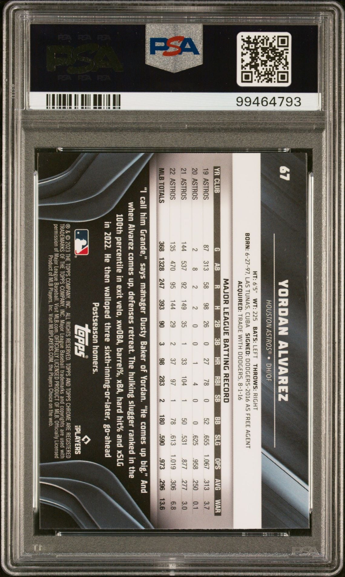 2023 Topps Chrome Black #67 Yordan Alvarez PSA 9