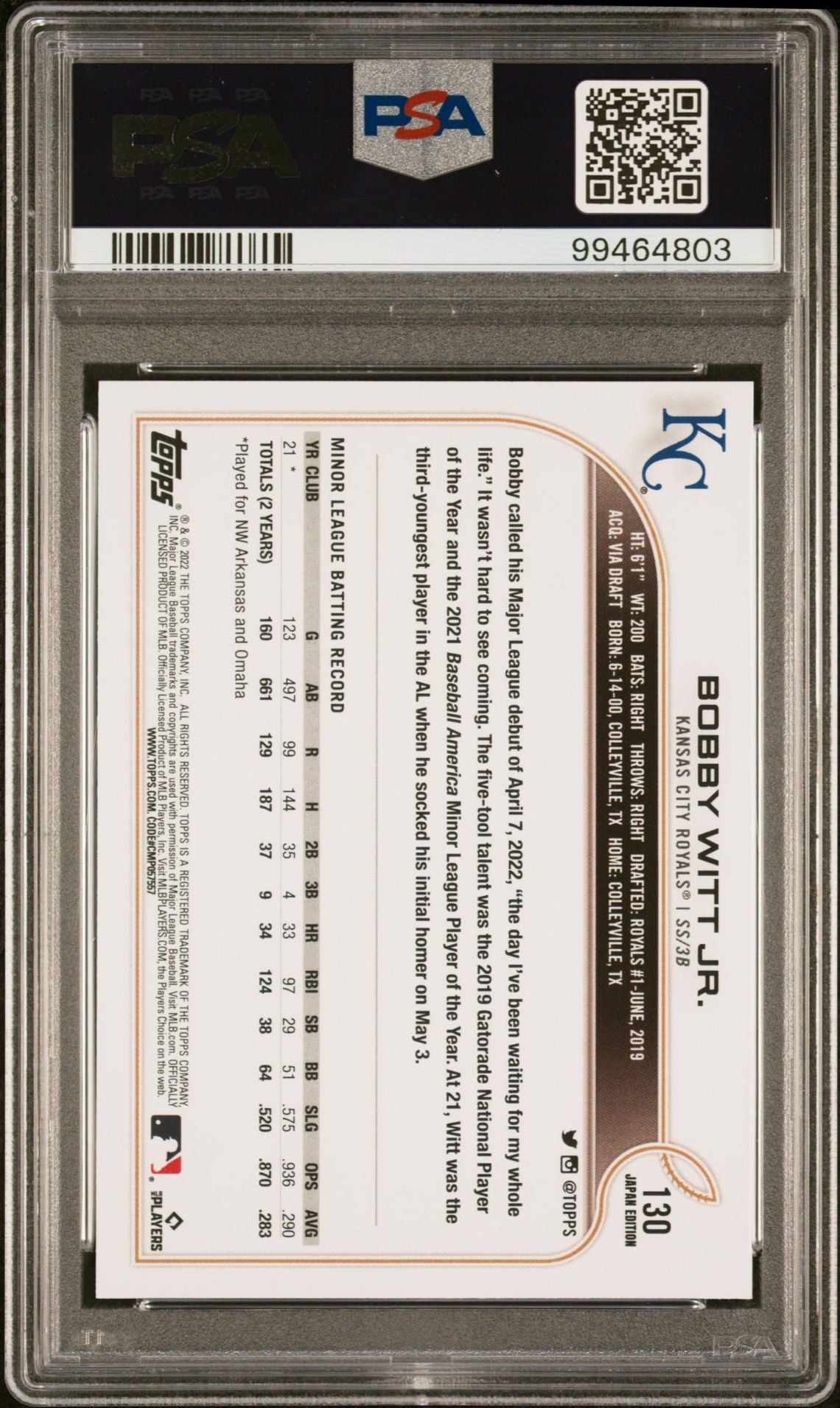 2022 Topps #130 Bobby Witt Jr. Japan Edition Rookie PSA 10 Gem Mint