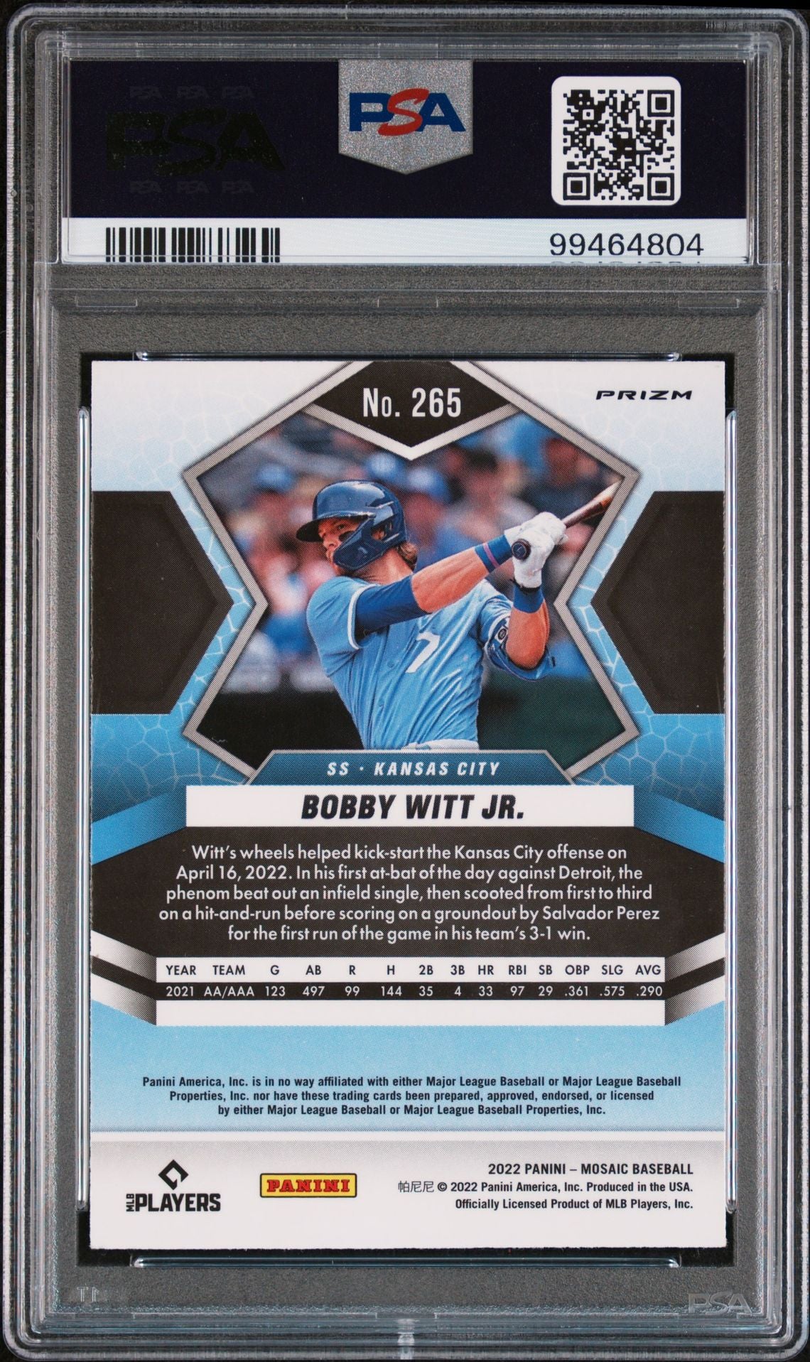 2022 Panini Mosaic #265 Bobby Witt Jr. Green Rookie PSA 9 Mint Kansas City