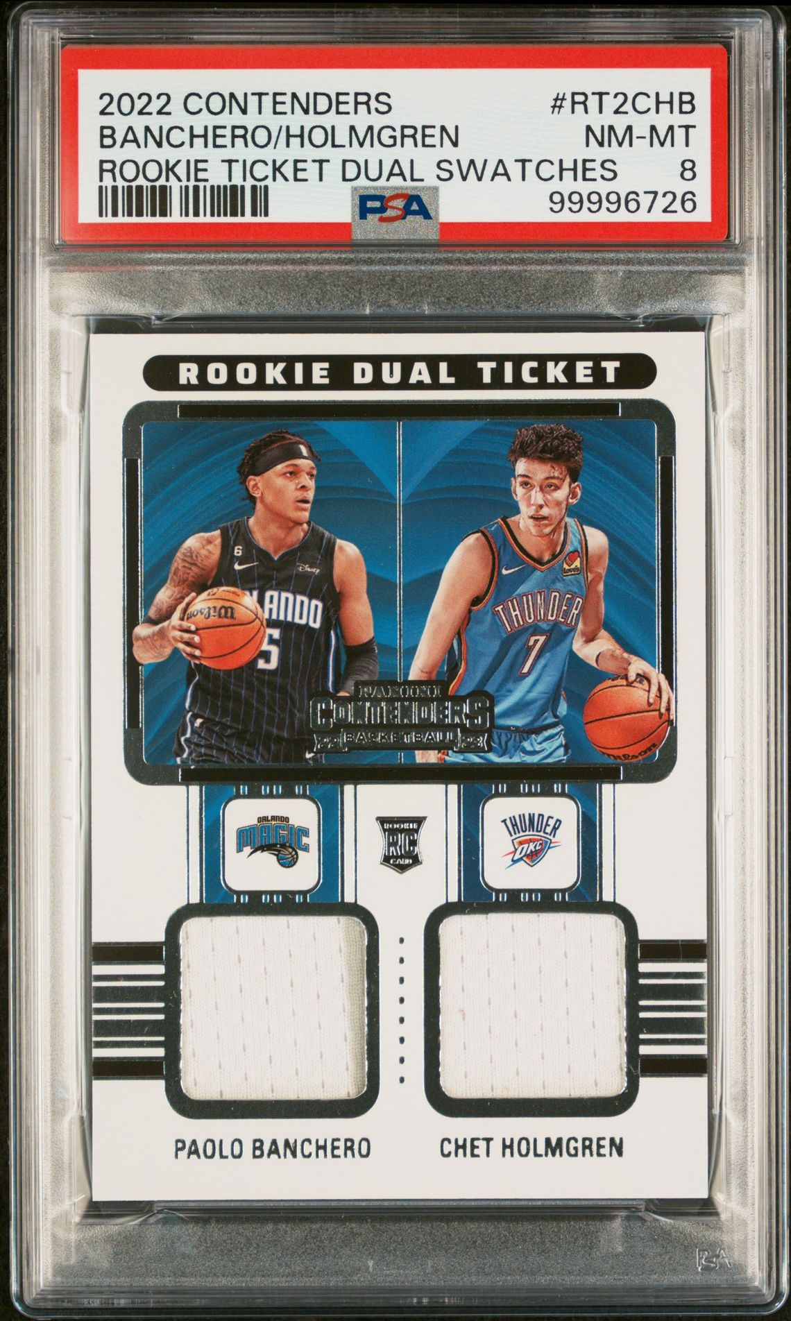 2022 Panini Contenders #5 Chet Holmgren/Paolo Banchero Rookie Ticket Dual Swatches PSA 8