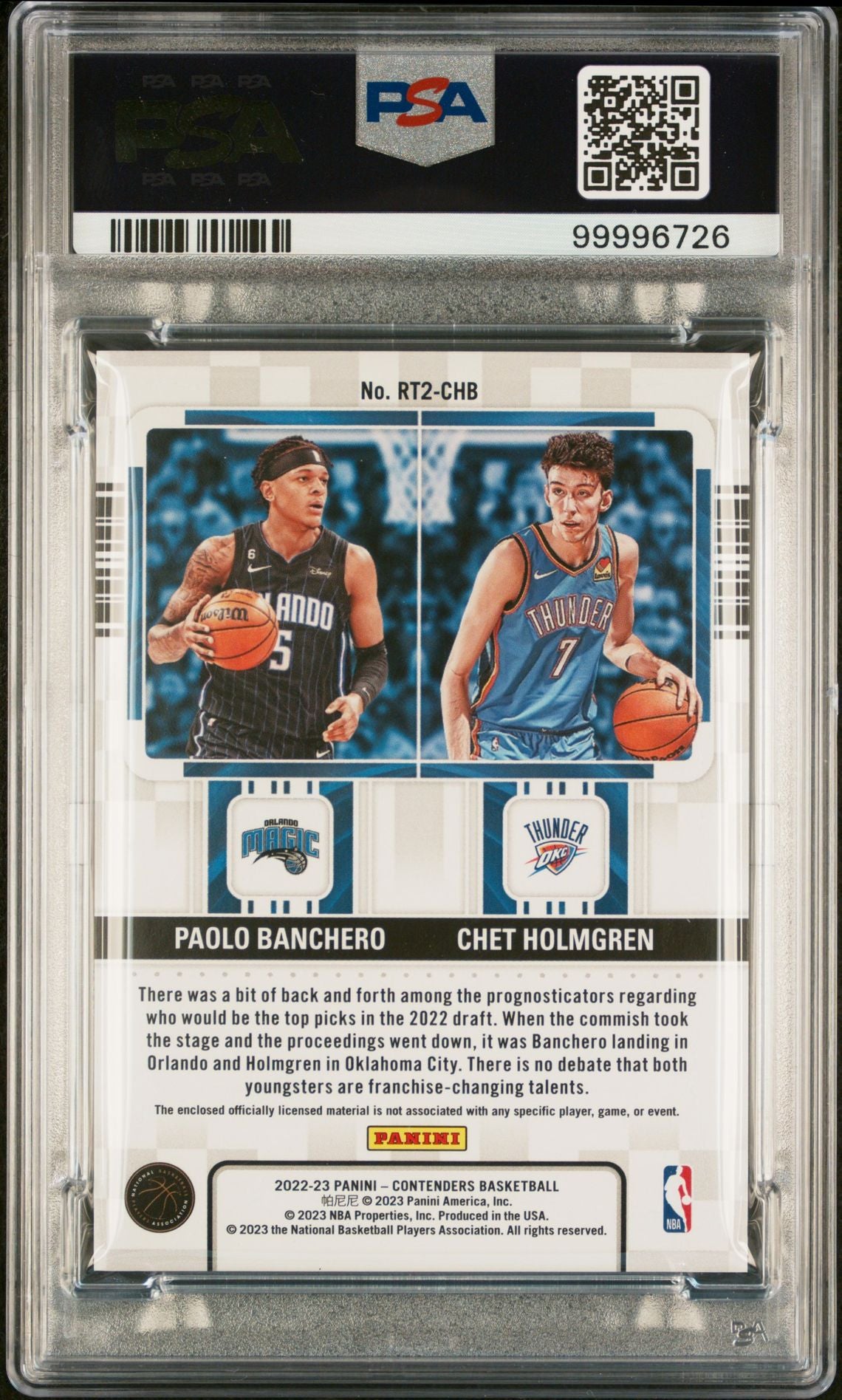 2022 Panini Contenders #5 Chet Holmgren/Paolo Banchero Rookie Ticket Dual Swatches PSA 8