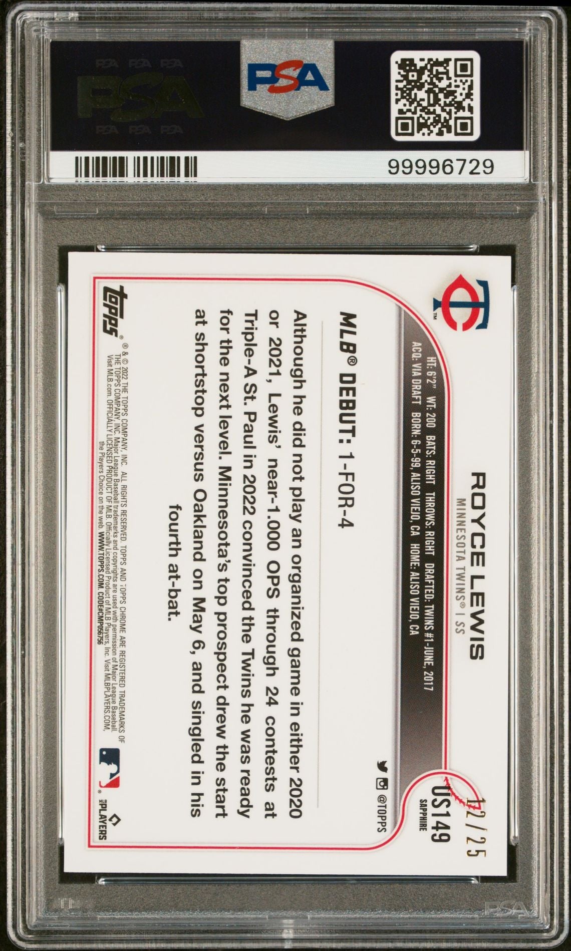 2022 Topps Chrome Update Sapphire Edition #149 Royce Lewis Orange PSA 10