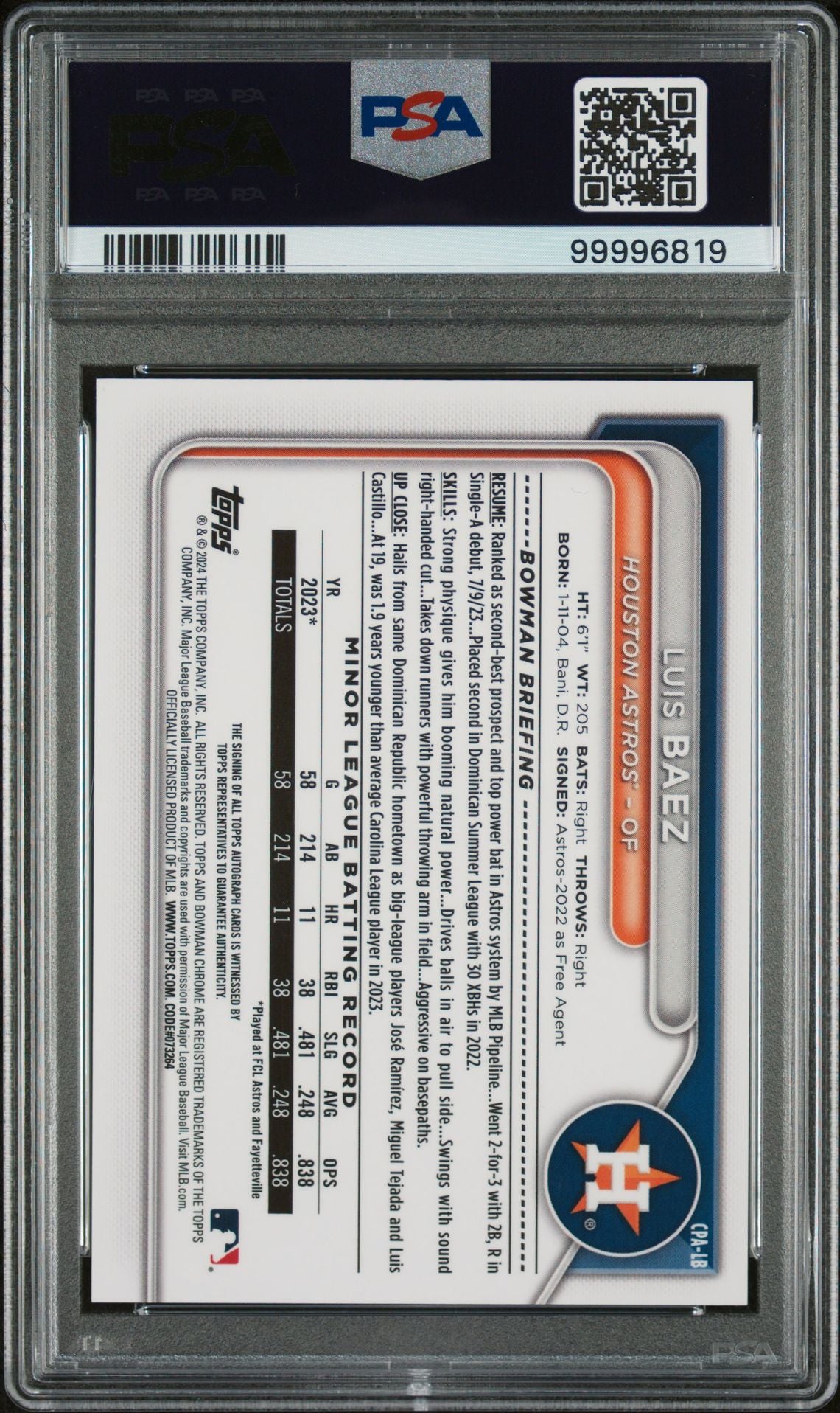 2024 Bowman Chrome Grass Luis Baez #CPALB Auto /99 PSA 9