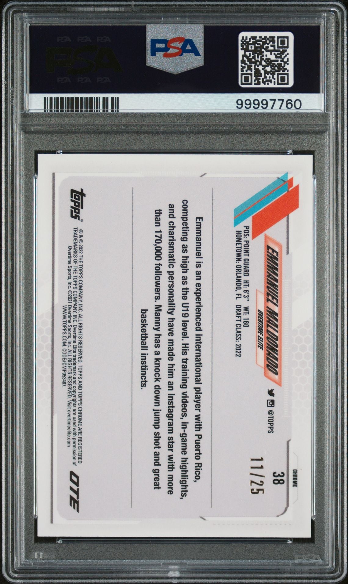 2021 Topps Chrome Overtime Elite #38 Emmanuel Maldonado Org.Bball. PSA 8