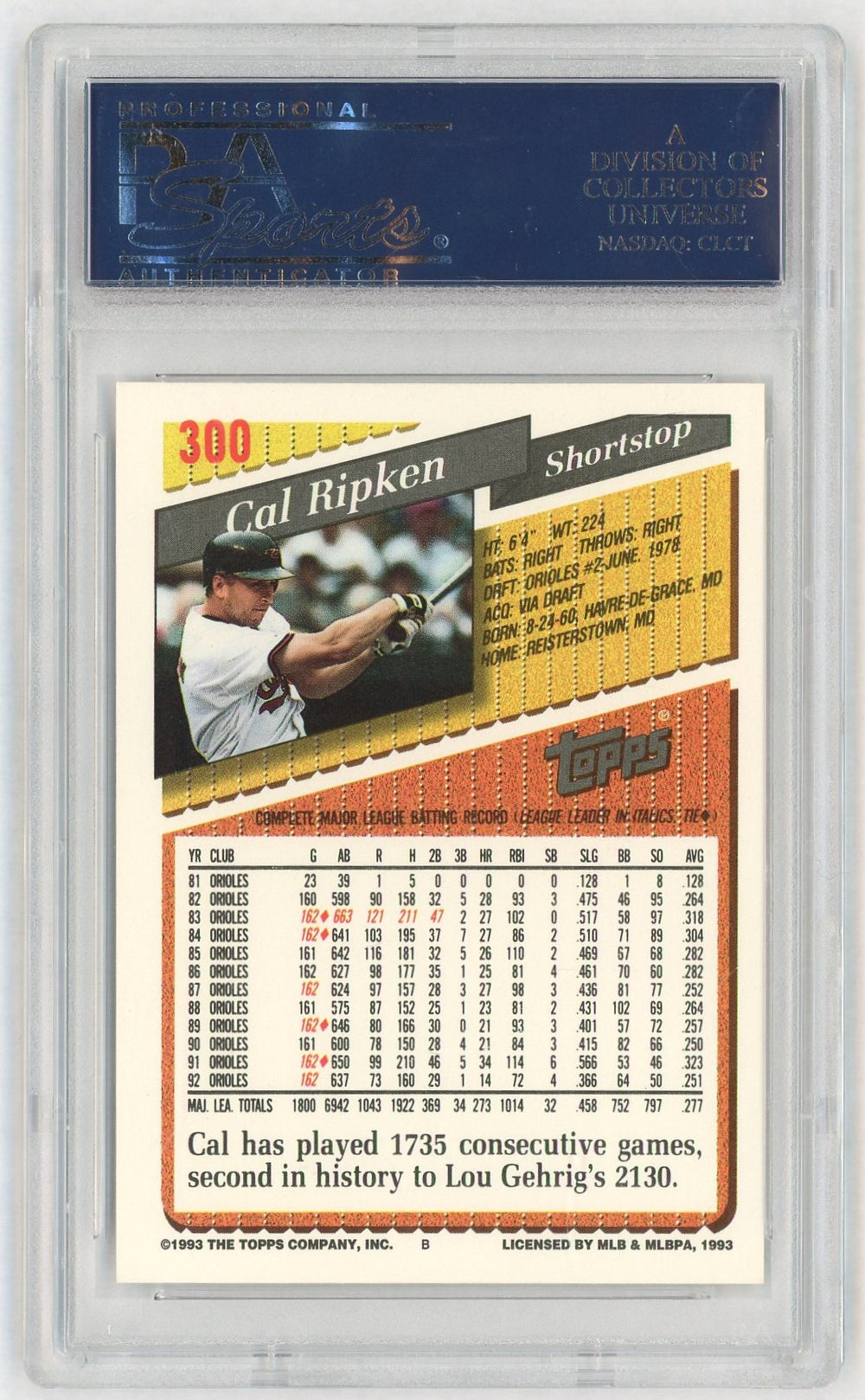 1993 Topps Gold Cal Ripken #300 PSA 9