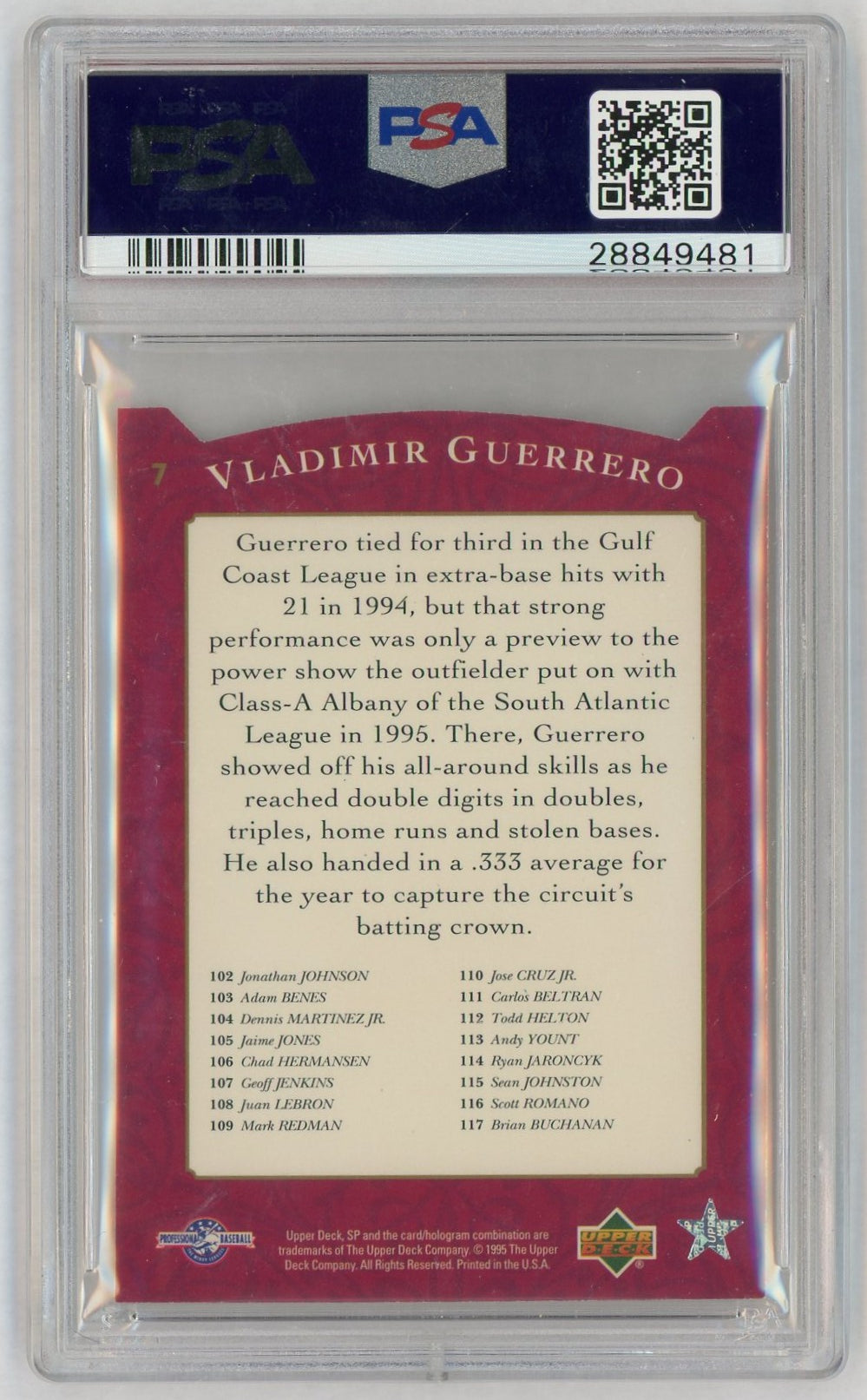 1995 SP Top Prospects Vladimir Guerrero #7 PSA 9