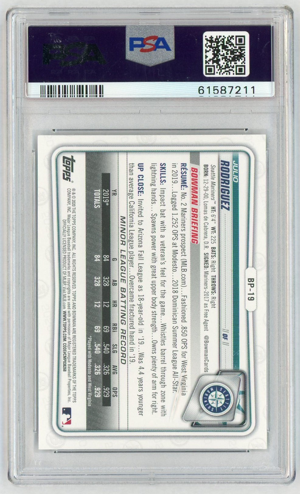 2020 Bowman Camo Julio Rodriguez #BP19 PSA 10