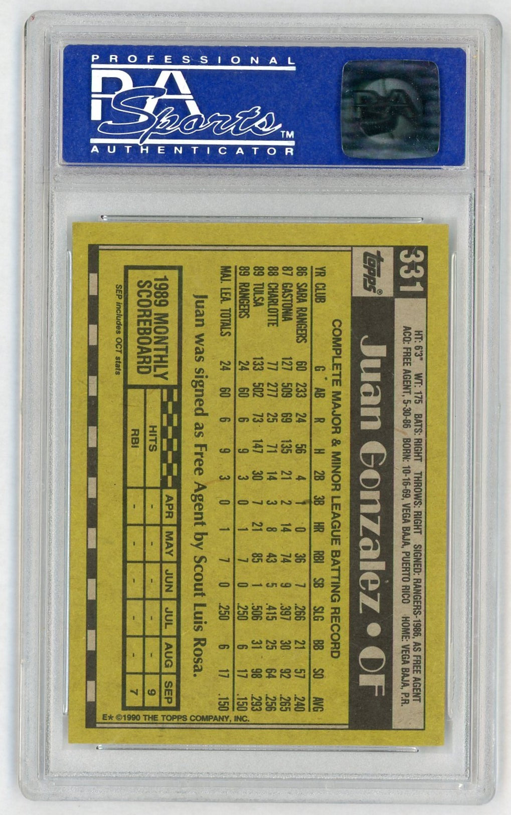 1990 Topps Juan Gonzalez #331 PSA 7
