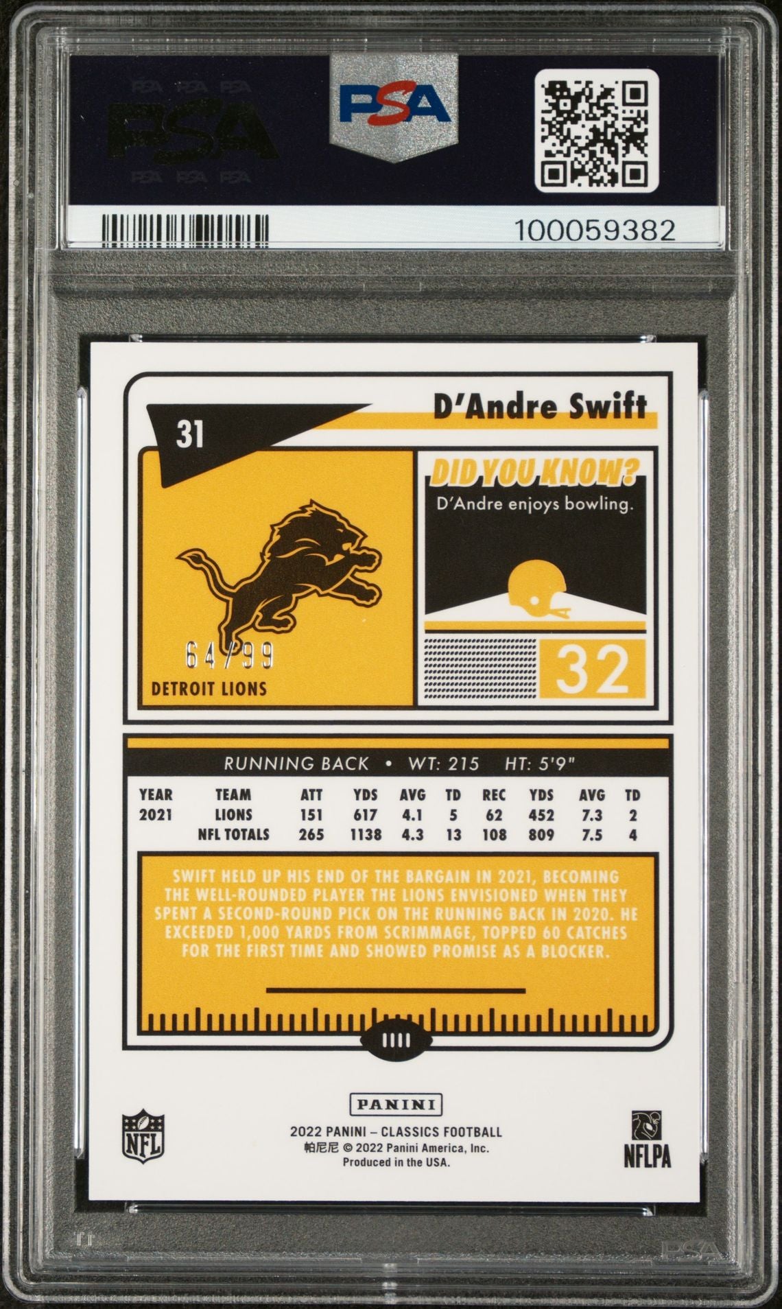 2022 Panini Classics Gold D'Andre Swift #31 /99 PSA 10
