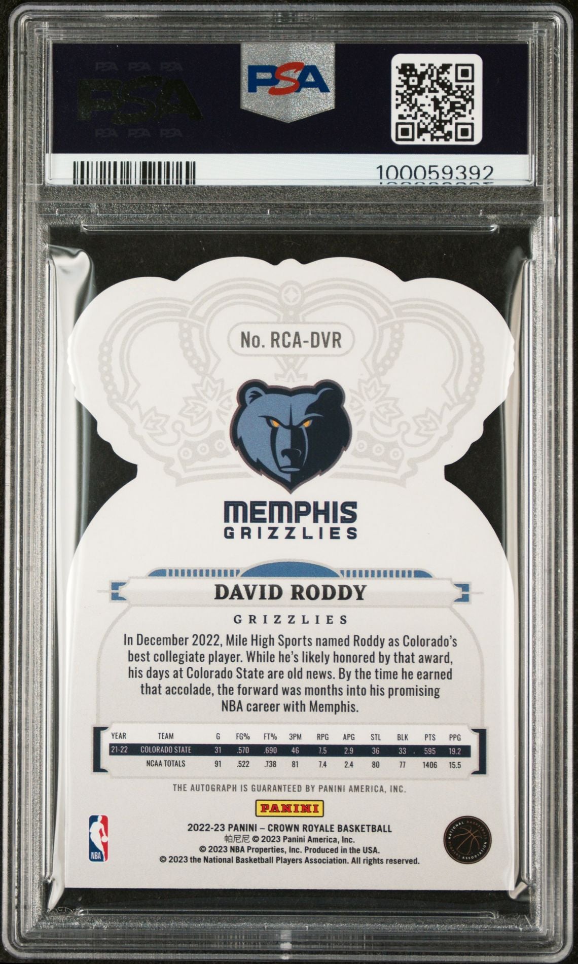 2022 Panini Crown Royale Red David Roddy #RCA-DVR RC Auto /35 PSA 10