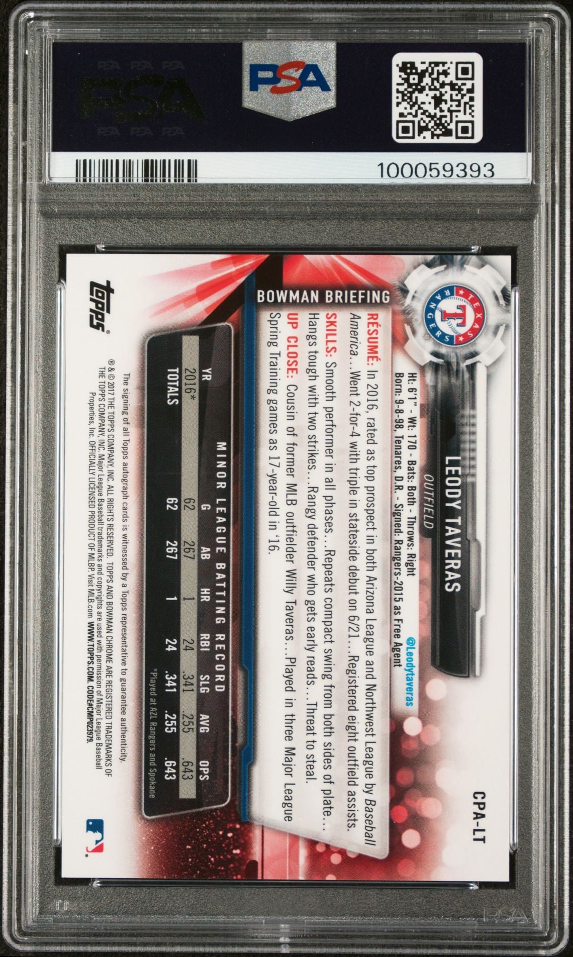 2017 Bowman Chrome Leody Taveras #CPA-LT Auto PSA 10