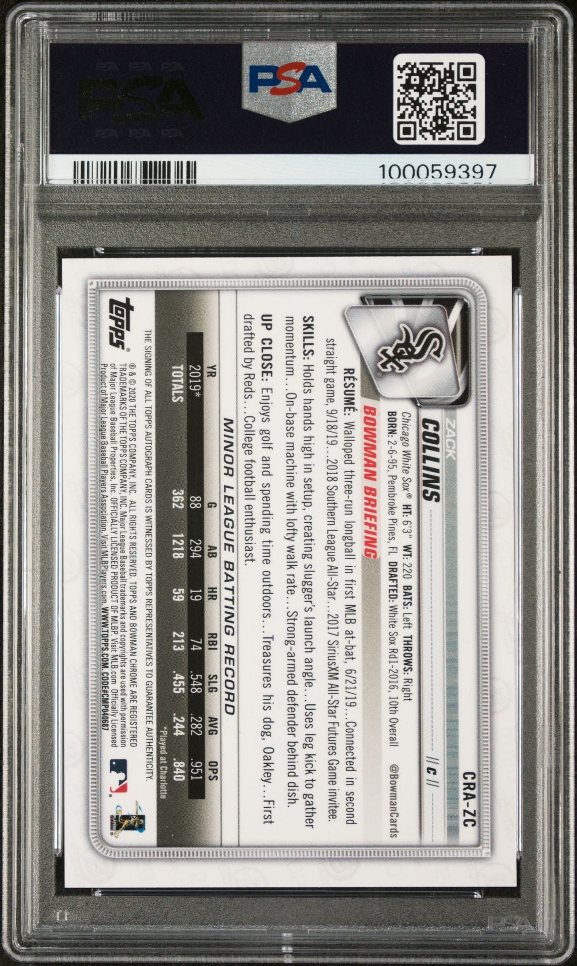 2020 Bowman Chrome Orange Refractor Zack Collins #CRA-ZC RC Auto /25 PSA 10