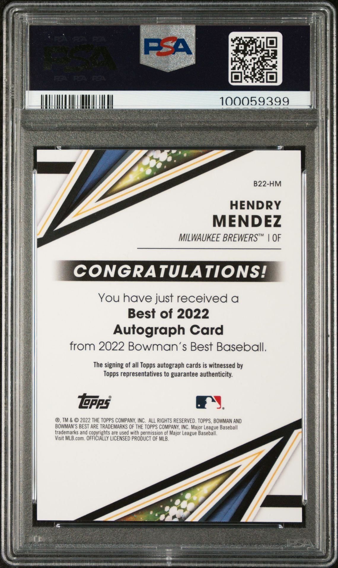 2022 Bowman's Best Best of 2022 Au-Gold Ref Hendry Mendez #B22HM Auto 10