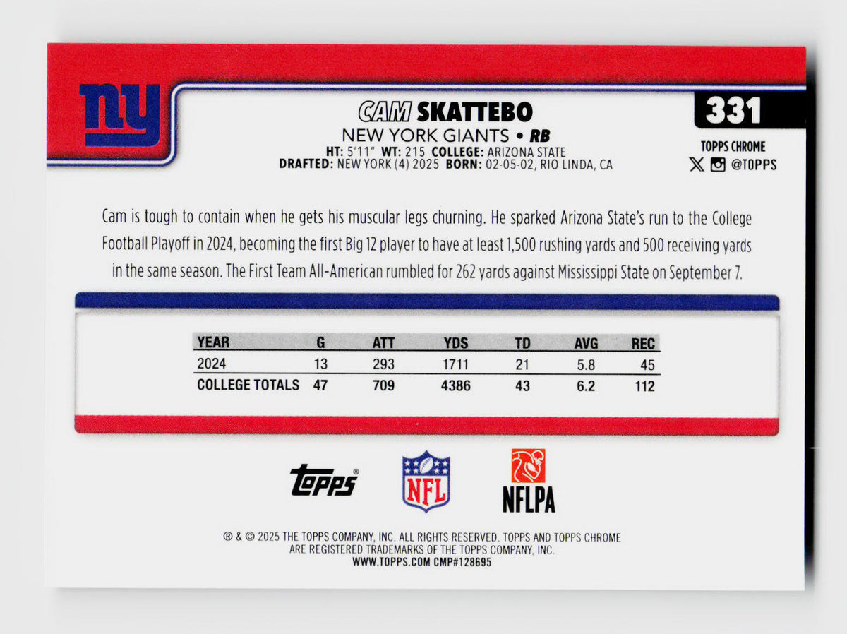 2025 Topps Chrome #331 Cam Skattebo Red White Blue /10  Rookie RC