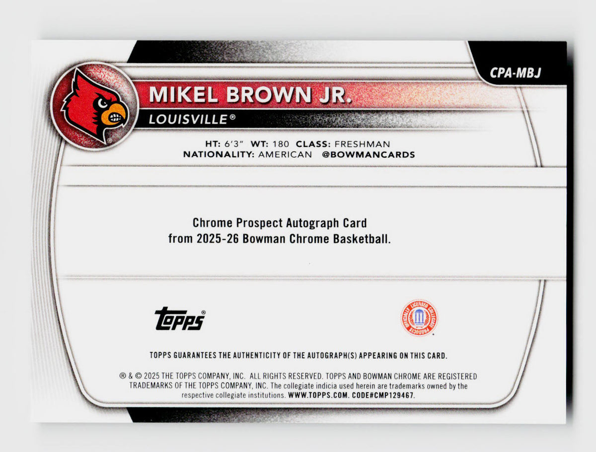 2025 Bowman Chrome #CPA-MBJ Mikel Brown Jr. 1st Rookie RC Black Mojo Refractor Auto SSP /10