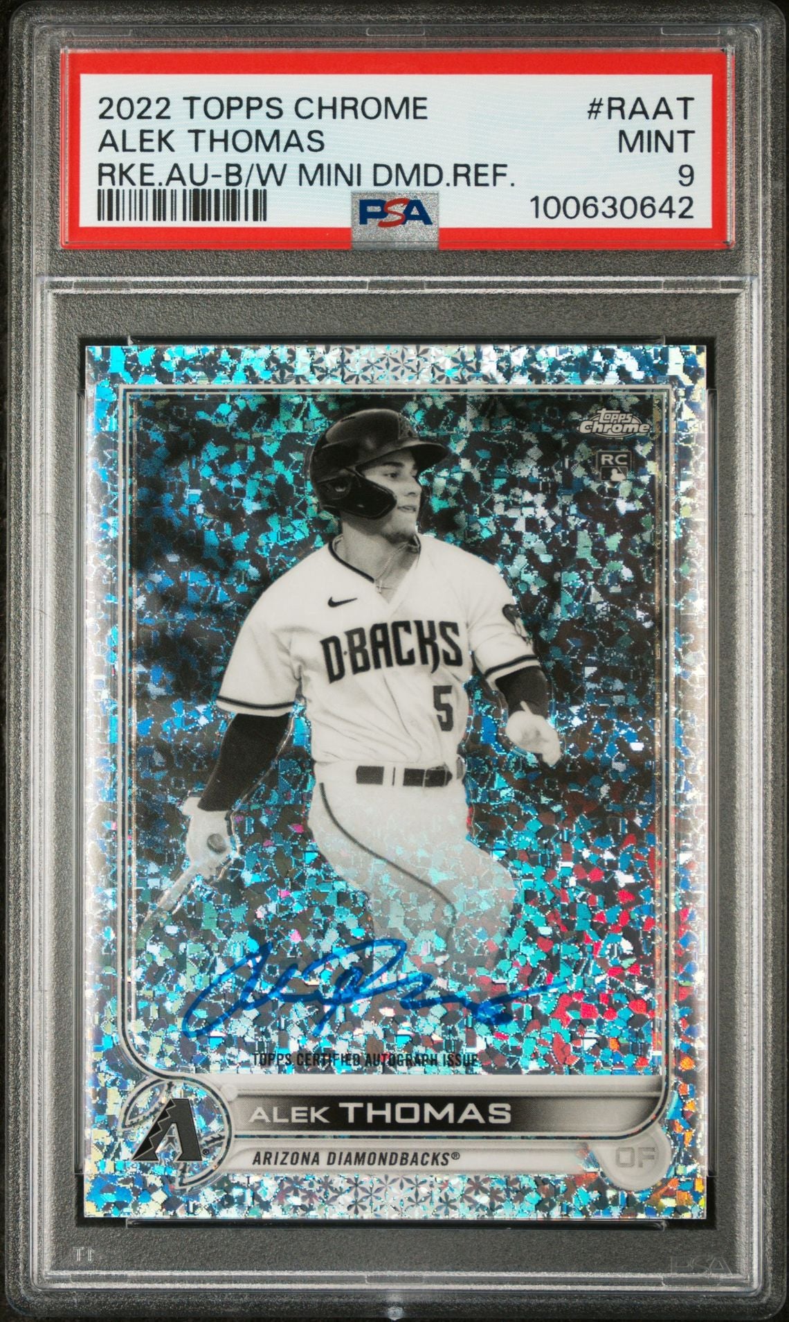 2022 Topps Chrome Rookie Autographs Black and White Mini-Diamond Refractors #RAAT Alek Thomas PSA 9