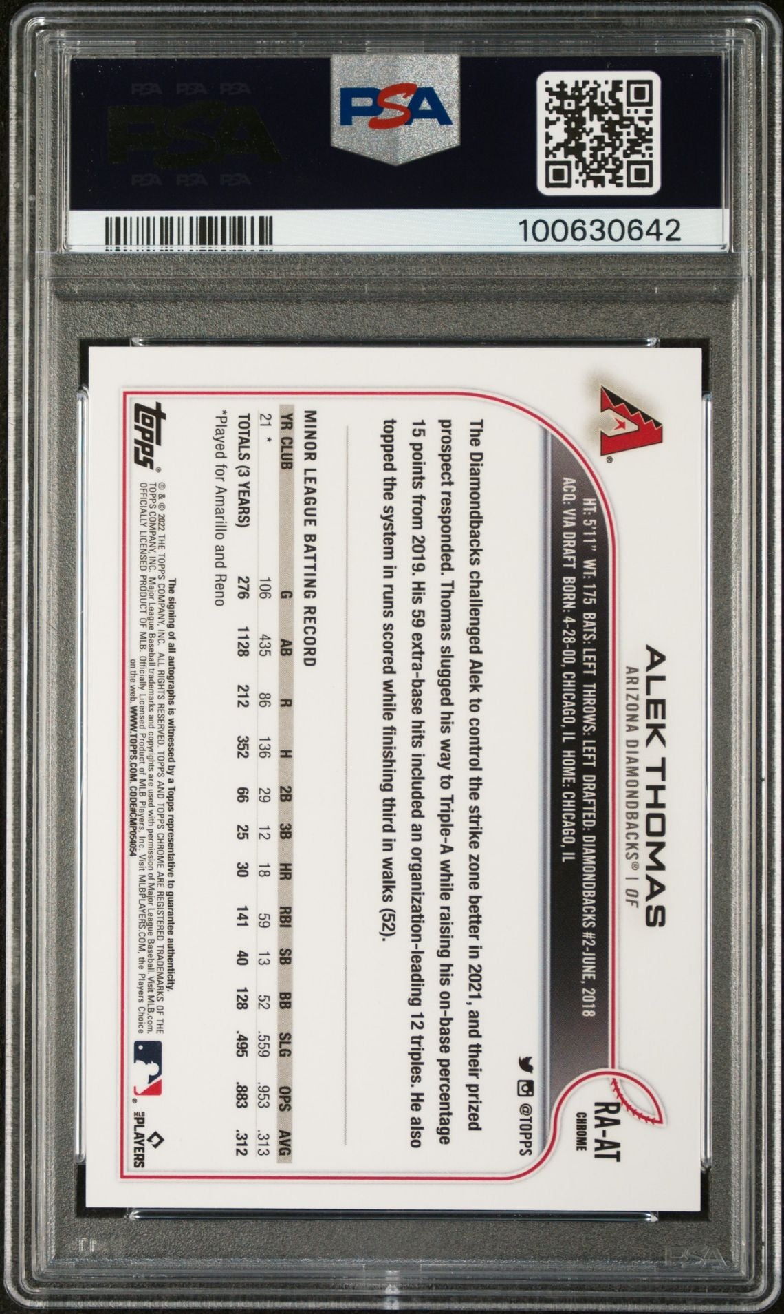 2022 Topps Chrome Rookie Autographs Black and White Mini-Diamond Refractors #RAAT Alek Thomas PSA 9