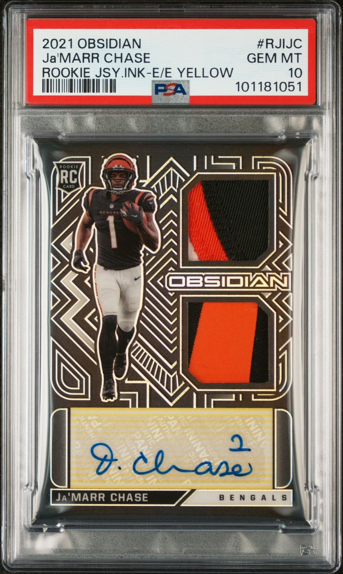 2021 Panini Obsidian #12 Ja'Marr Chase Rookie Jersey Ink Electric Etch Yellow /25 PSA 10